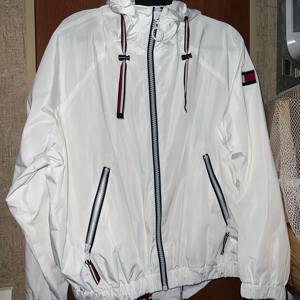 Tommy Hilfiger White Windbreaker with Hood and Drawstrings
